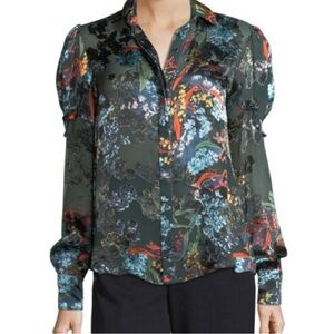 Saloni - Silk Myra‎ Dark Green W/ Multicolor Floral Burnout Design Blouse Size 6